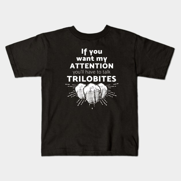 Trilobite apparel and fun paleontology fossil hunting Kids T-Shirt by Diggertees4u